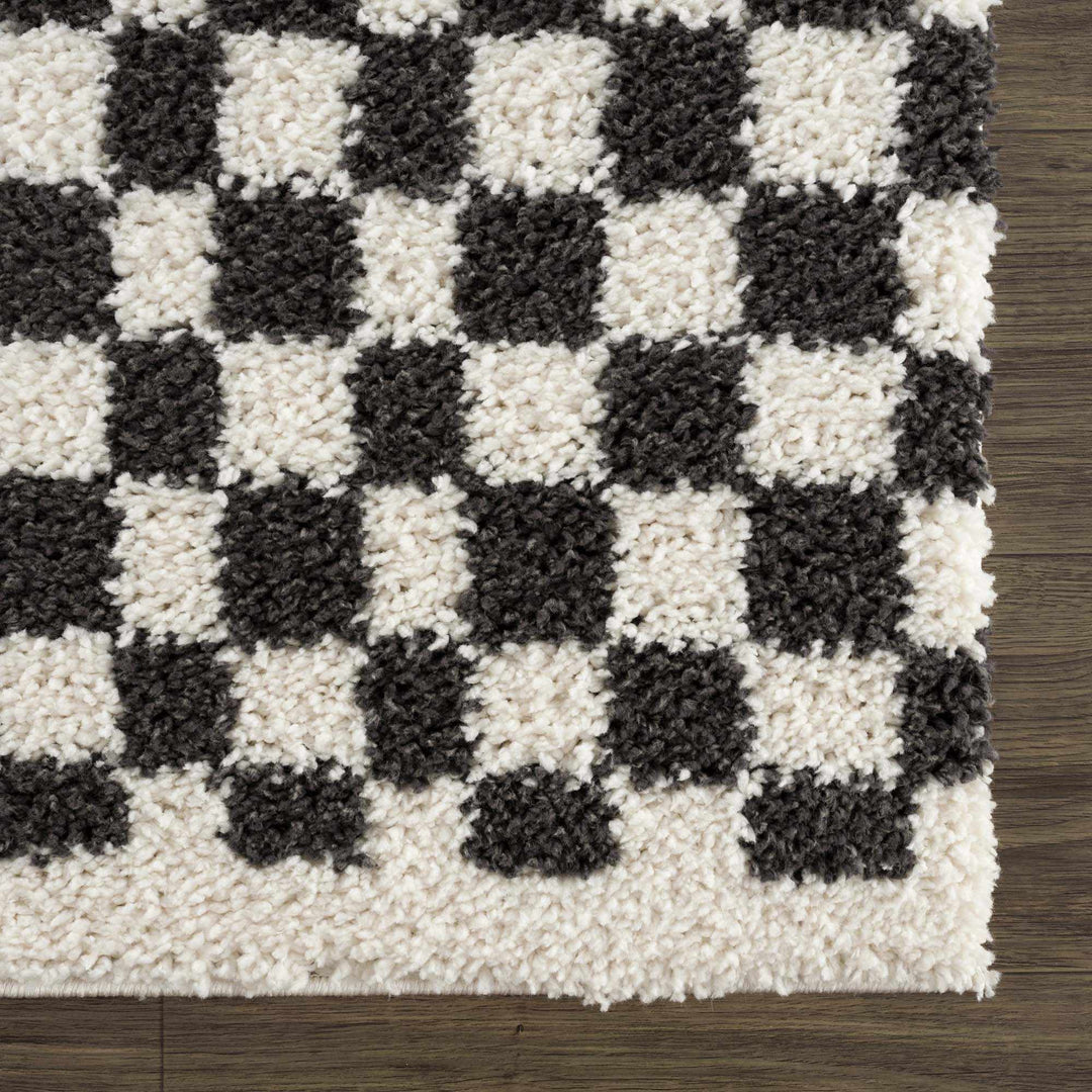 Modern Geometrical Charcoal and Ivory Checkered Plush Pile Moroccan Style Area Rug - The Rug Decor