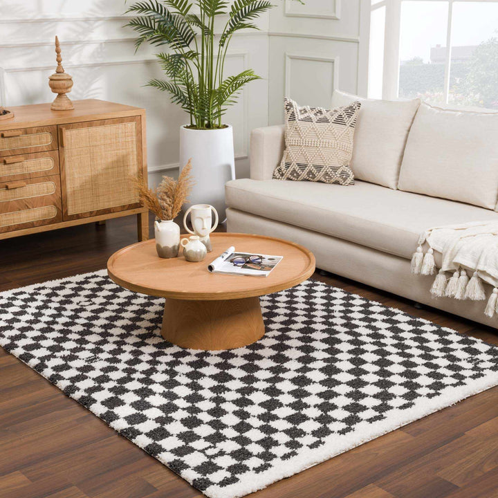 Modern Geometrical Charcoal and Ivory Checkered Plush Pile Moroccan Style Area Rug - The Rug Decor
