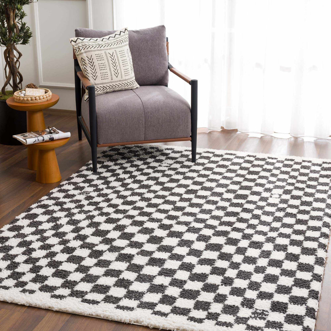 Modern Geometrical Charcoal and Ivory Checkered Plush Pile Moroccan Style Area Rug - The Rug Decor