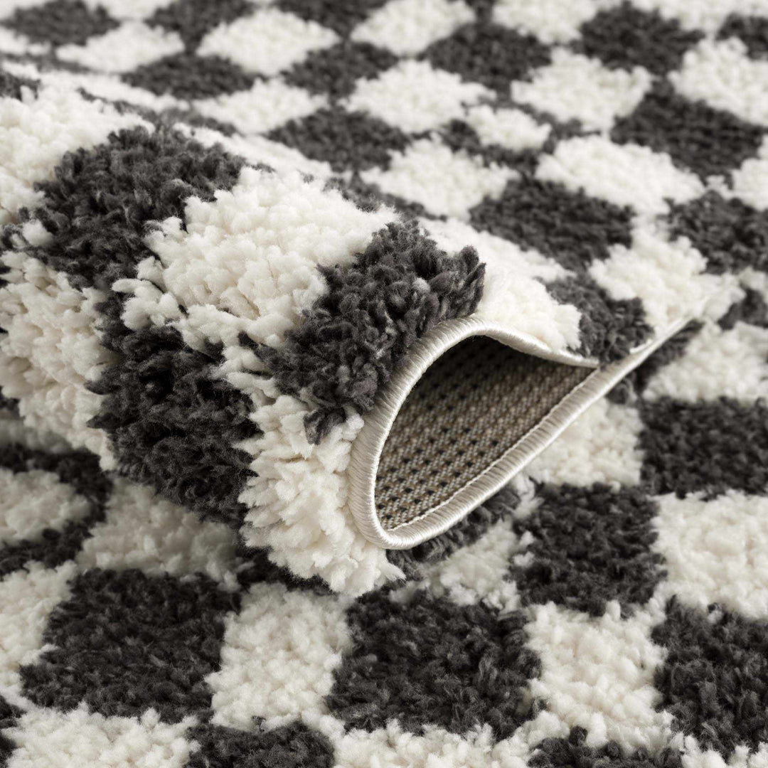 Modern Geometrical Charcoal and Ivory Checkered Plush Pile Moroccan Style Area Rug - The Rug Decor
