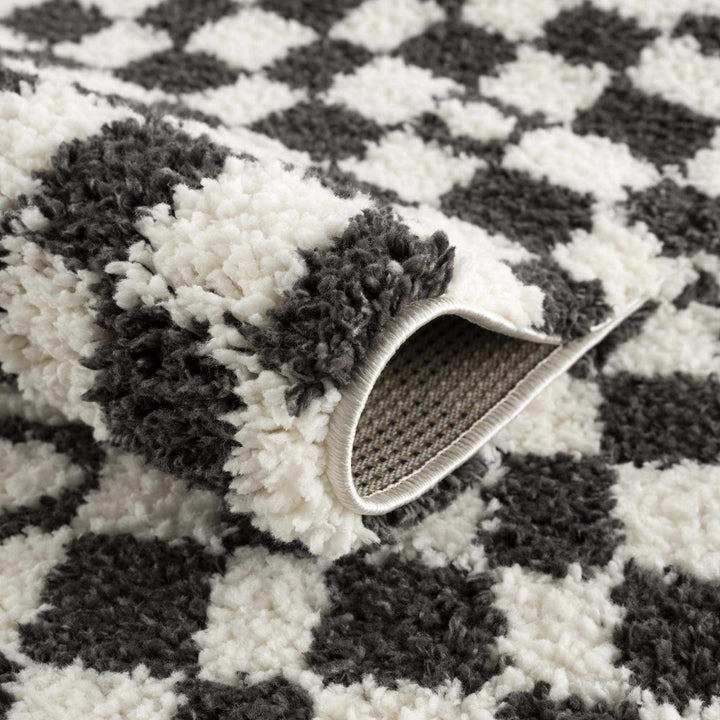 Modern Geometrical Charcoal and Ivory Checkered Plush Pile Moroccan Style Area Rug - The Rug Decor
