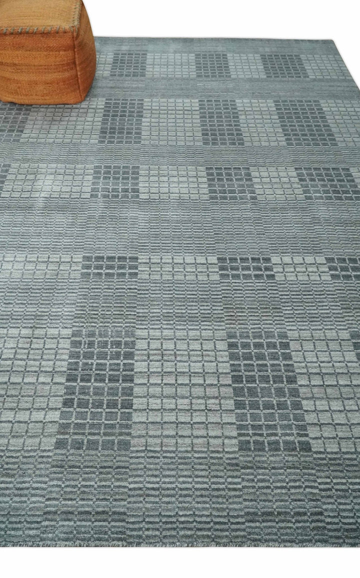 Modern Geometrical Checkered striped Hand Made 8x10 Charcoal, Gray and Silver Scandinavian Blended Wool Flatwoven Area Rug | KE38 - The Rug Decor