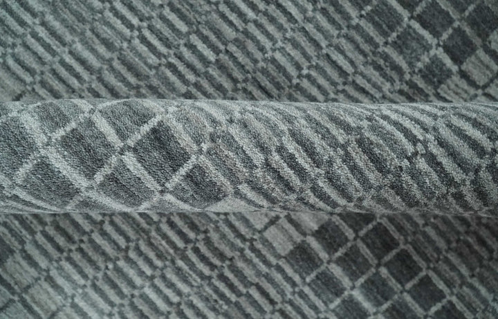 Modern Geometrical Checkered striped Hand Made 8x10 Charcoal, Gray and Silver Scandinavian Blended Wool Flatwoven Area Rug | KE38 - The Rug Decor