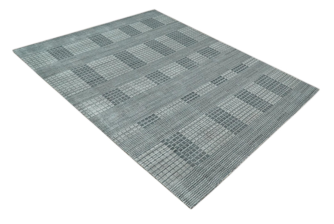 Modern Geometrical Checkered striped Hand Made 8x10 Charcoal, Gray and Silver Scandinavian Blended Wool Flatwoven Area Rug | KE38 - The Rug Decor