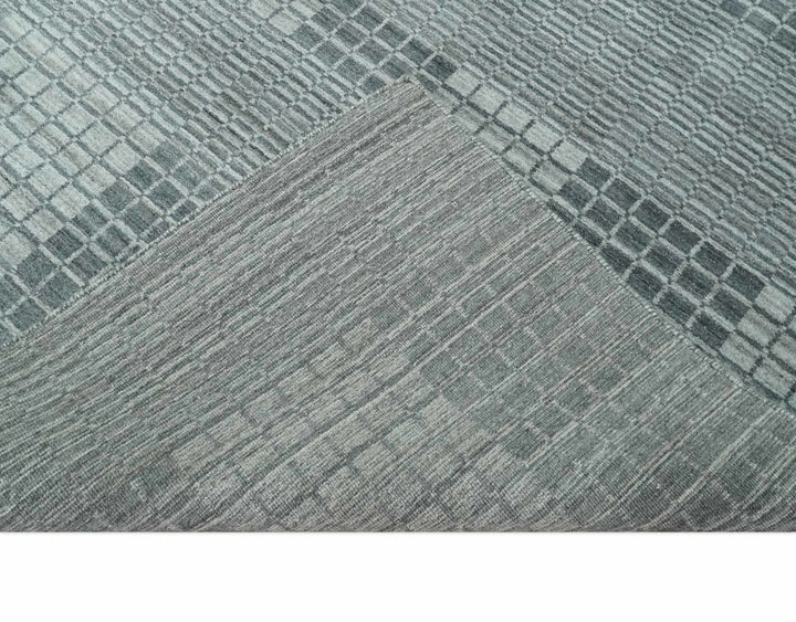 Modern Geometrical Checkered striped Hand Made 8x10 Charcoal, Gray and Silver Scandinavian Blended Wool Flatwoven Area Rug | KE38 - The Rug Decor