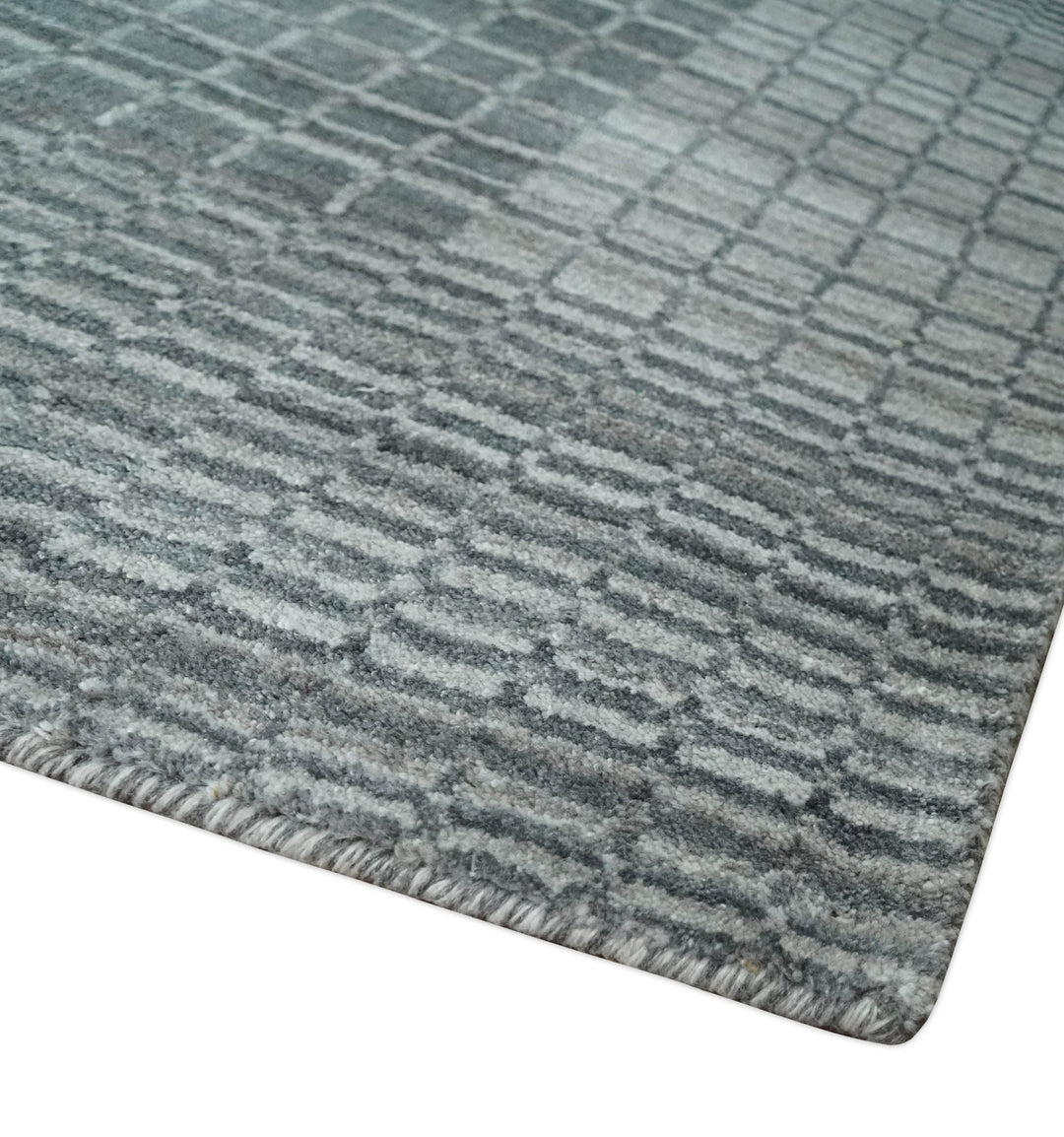 Modern Geometrical Checkered striped Hand Made 8x10 Charcoal, Gray and Silver Scandinavian Blended Wool Flatwoven Area Rug | KE38 - The Rug Decor