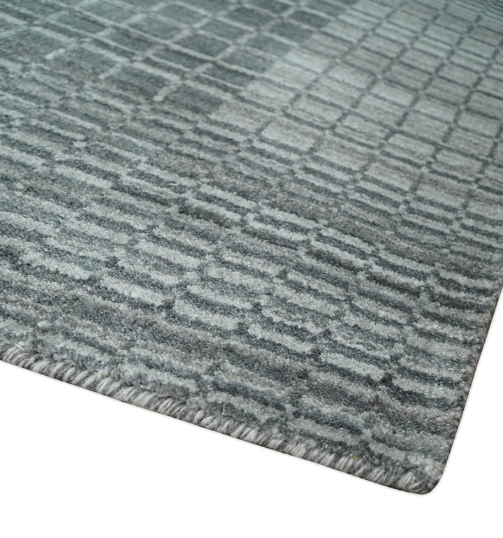 Modern Geometrical Checkered striped Hand Made 8x10 Charcoal, Gray and Silver Scandinavian Blended Wool Flatwoven Area Rug | KE38 - The Rug Decor