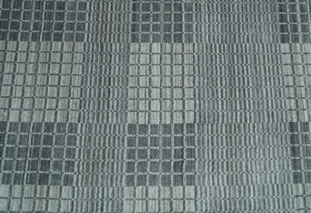 Modern Geometrical Checkered striped Hand Made 8x10 Charcoal, Gray and Silver Scandinavian Blended Wool Flatwoven Area Rug | KE38 - The Rug Decor