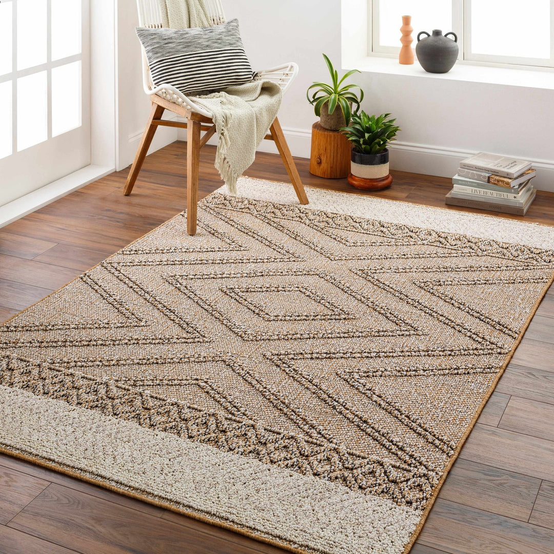 Modern Geometrical Chevron Design Tan and Ivory Outdoor Safe Area Rug - The Rug Decor