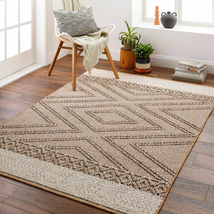 Modern Geometrical Chevron Design Tan and Ivory Outdoor Safe Area Rug - The Rug Decor