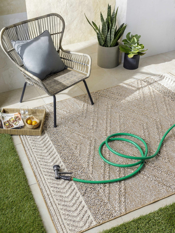 Modern Geometrical Chevron Design Tan and Ivory Outdoor Safe Area Rug - The Rug Decor
