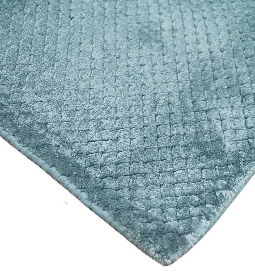 Modern Geometrical Cross Square Hand Made 2x4 Aqua Blue Art Silk Area Rug - The Rug Decor