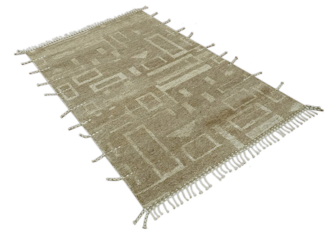 Modern Geometrical Dark Beige and Ivory Hand Knotted 5x8 Wool Area Rug - The Rug Decor