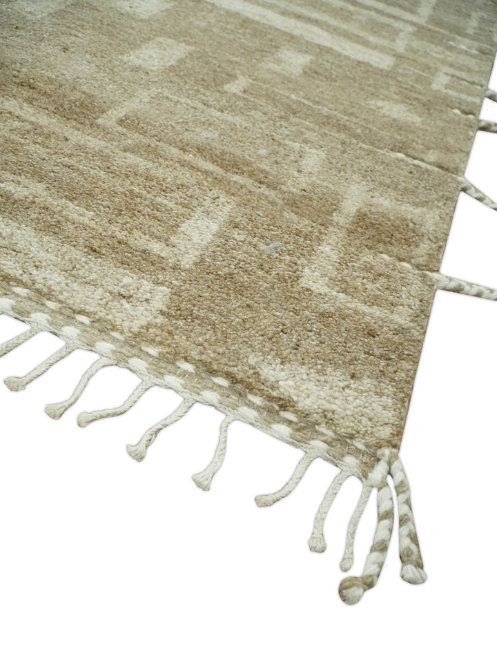Modern Geometrical Dark Beige and Ivory Hand Knotted 5x8 Wool Area Rug - The Rug Decor