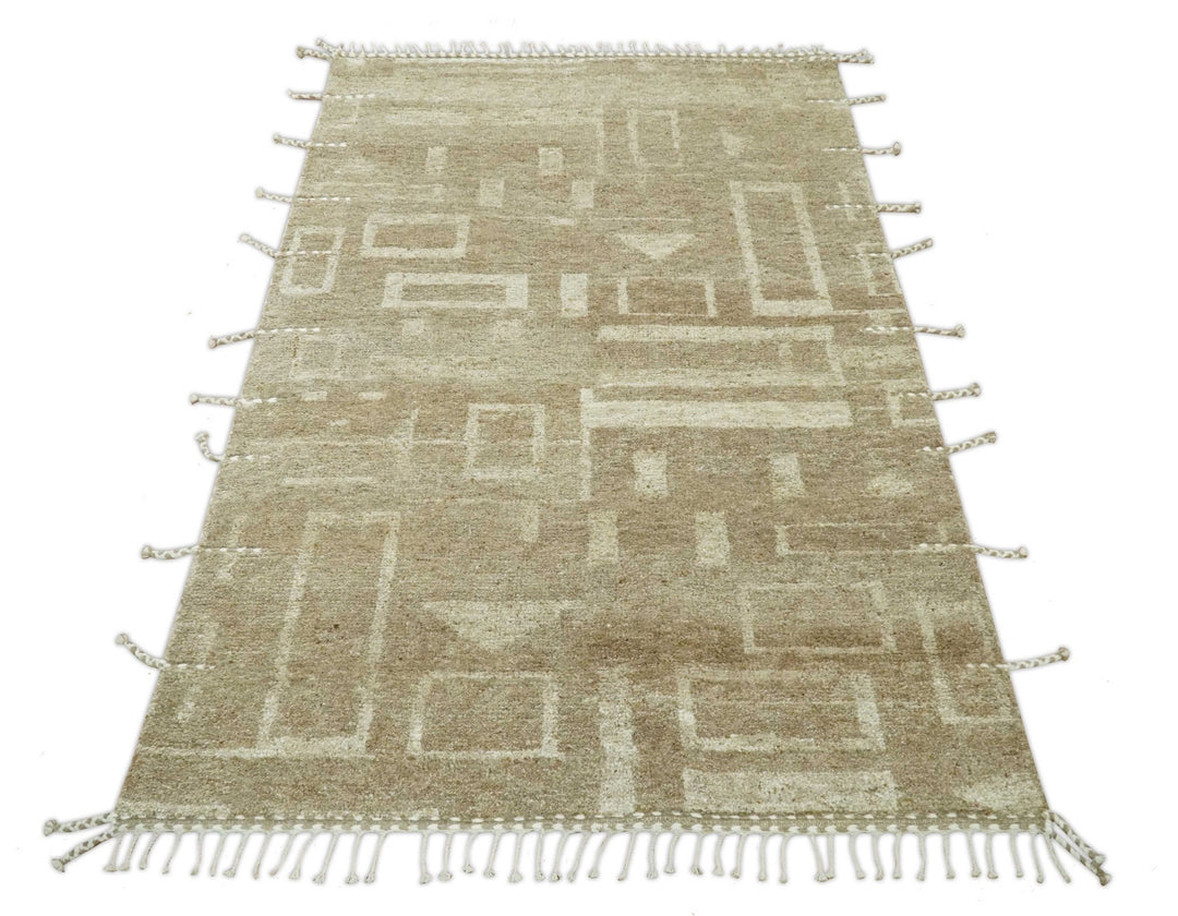 Modern Geometrical Dark Beige and Ivory Hand Knotted 5x8 Wool Area Rug - The Rug Decor