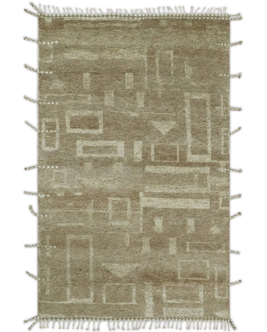 Modern Geometrical Dark Beige and Ivory Hand Knotted 5x8 Wool Area Rug - The Rug Decor