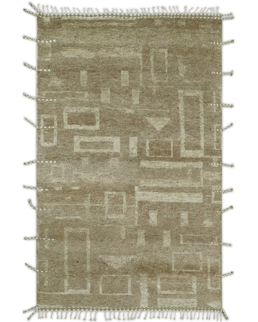 Modern Geometrical Dark Beige and Ivory Hand Knotted 5x8 Wool Area Rug - The Rug Decor