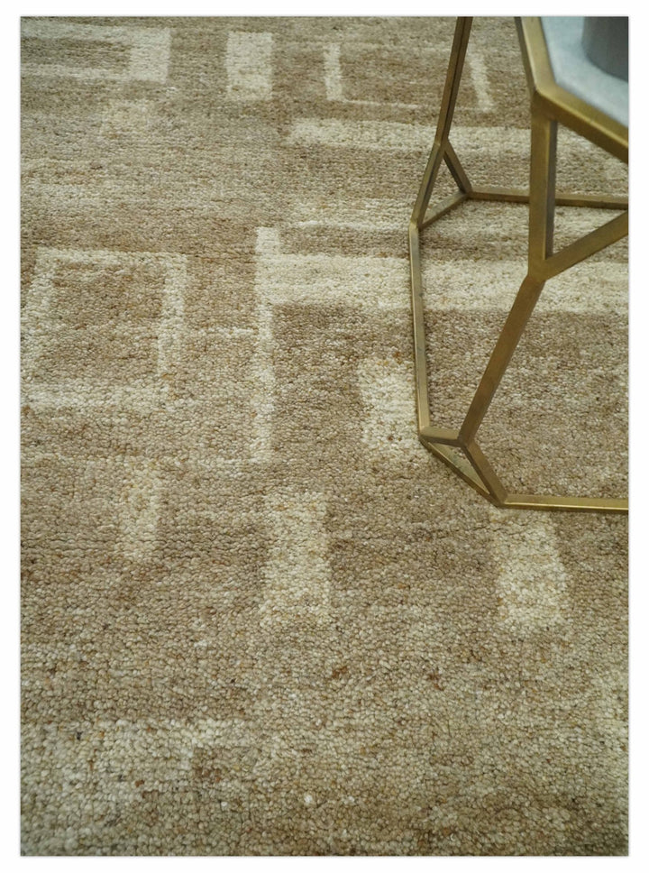 Modern Geometrical Dark Beige and Ivory Hand Knotted 5x8 Wool Area Rug - The Rug Decor