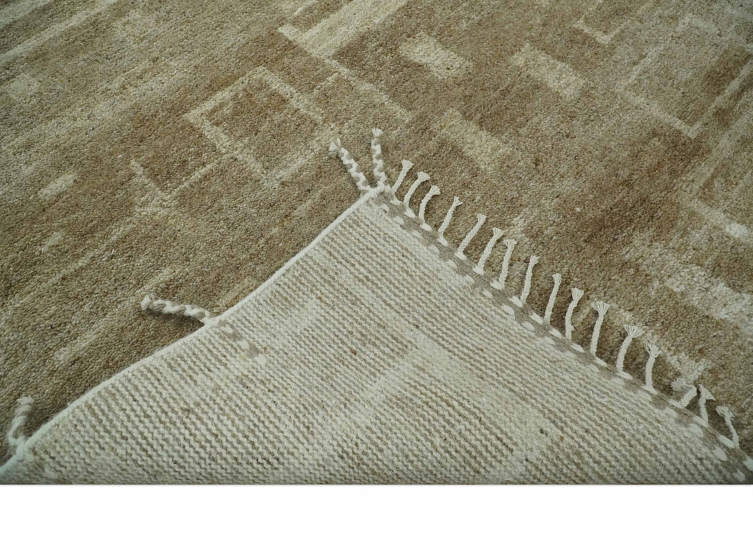Modern Geometrical Dark Beige and Ivory Hand Knotted 5x8 Wool Area Rug - The Rug Decor