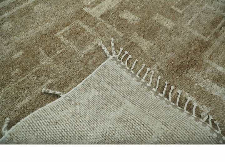 Modern Geometrical Dark Beige and Ivory Hand Knotted 5x8 Wool Area Rug - The Rug Decor