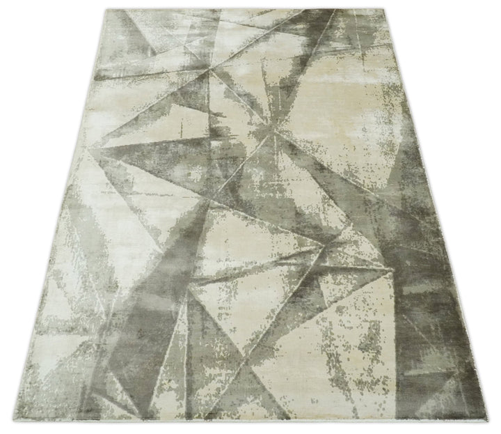 Modern Geometrical Diamond Cut Design Beige and Gray 5x8 Hand loom Viscose Area Rug - The Rug Decor