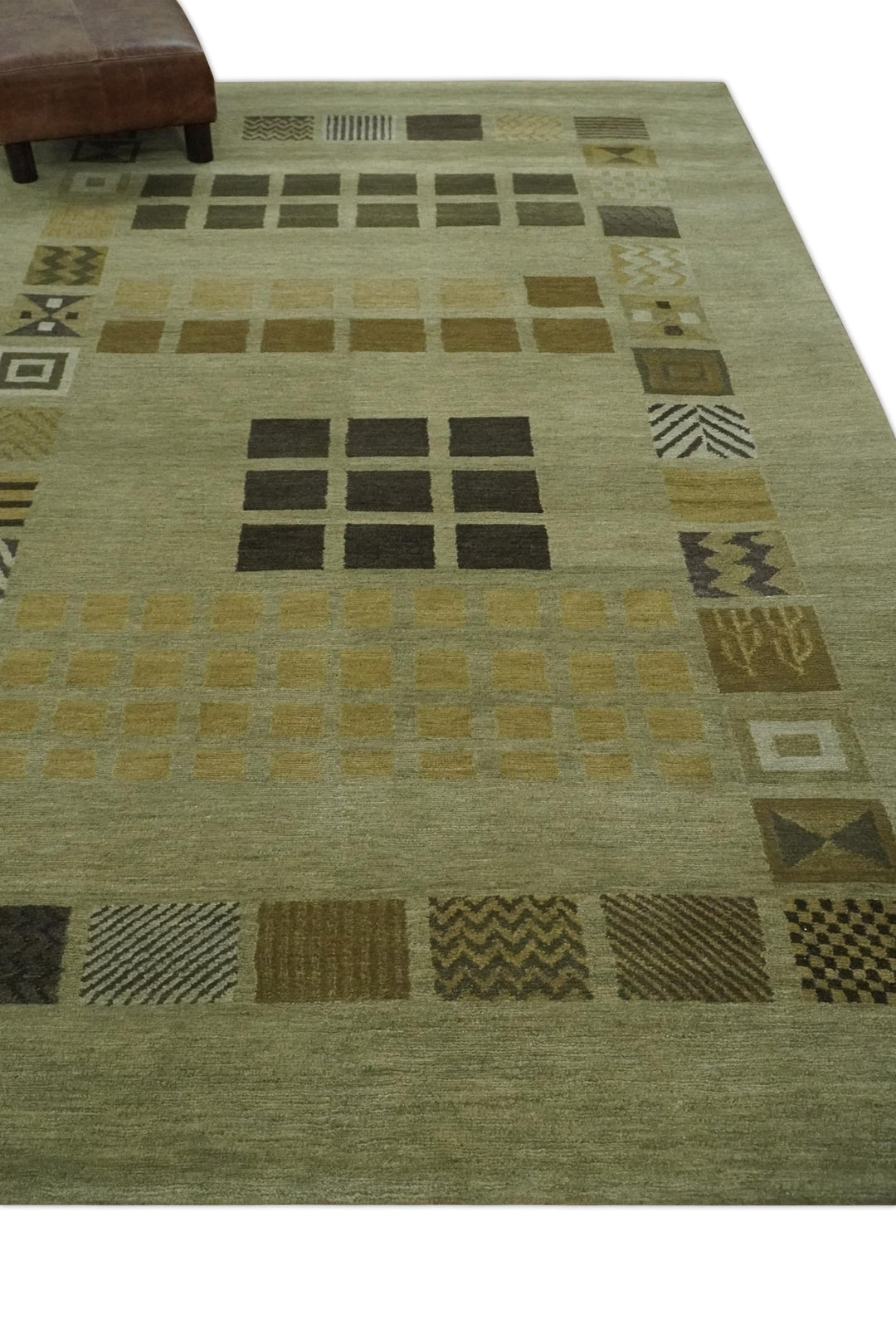 Modern Geometrical Green, Charcoal and Brown Hand loom 5x8 wool Area Rug - The Rug Decor