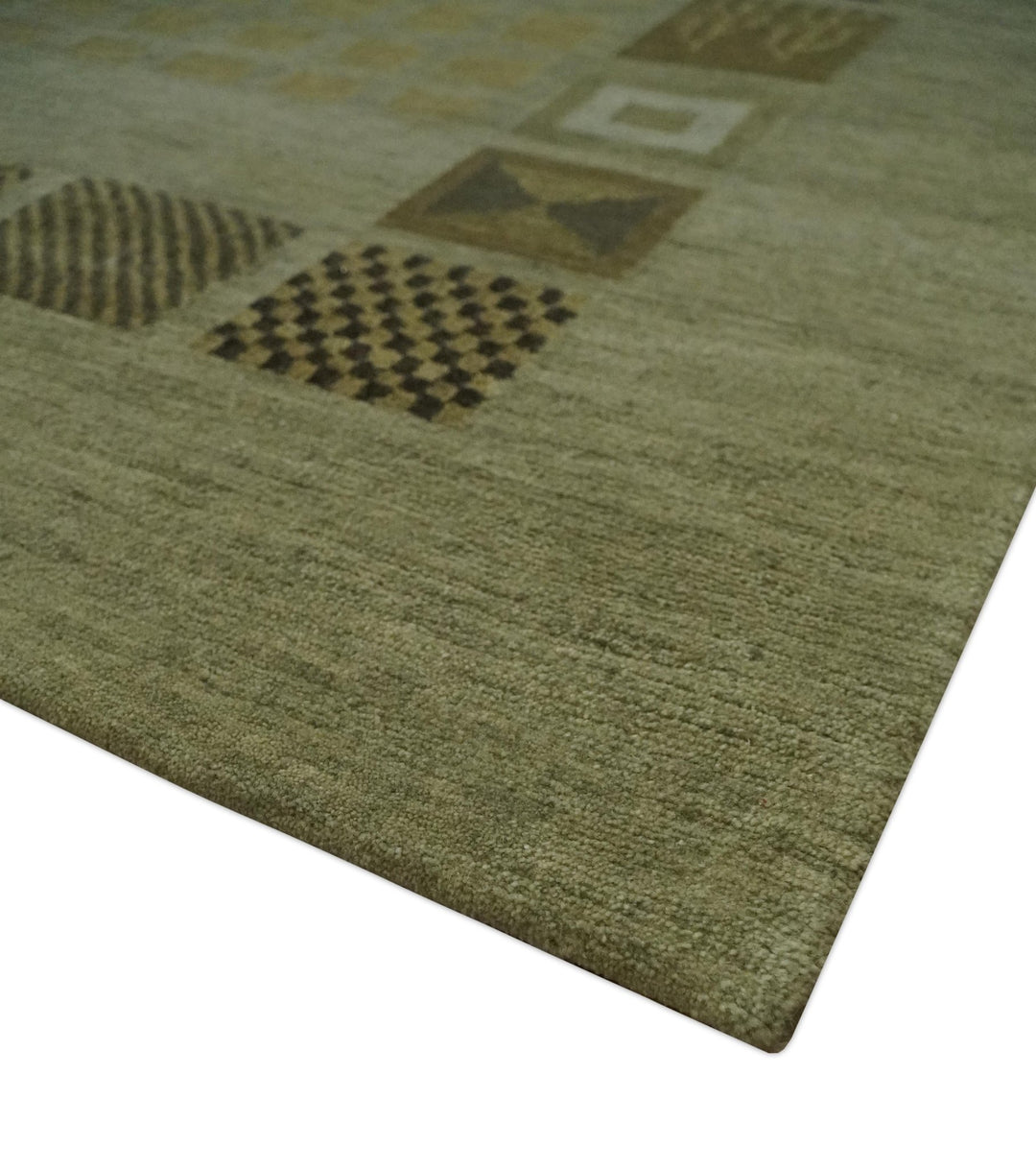 Modern Geometrical Green, Charcoal and Brown Hand loom 5x8 wool Area Rug - The Rug Decor