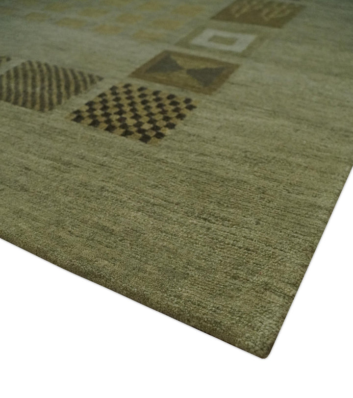 Modern Geometrical Green, Charcoal and Brown Hand loom 5x8 wool Area Rug - The Rug Decor