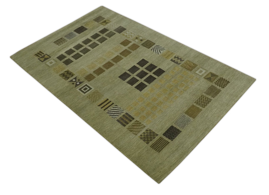 Modern Geometrical Green, Charcoal and Brown Hand loom 5x8 wool Area Rug - The Rug Decor