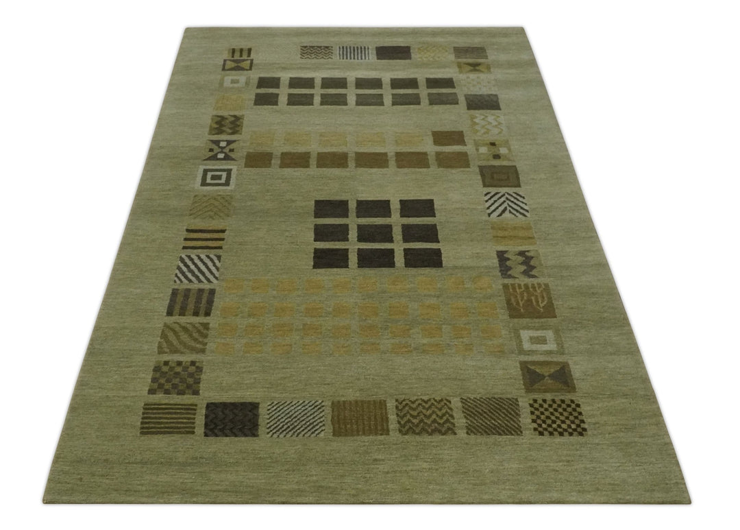 Modern Geometrical Green, Charcoal and Brown Hand loom 5x8 wool Area Rug - The Rug Decor