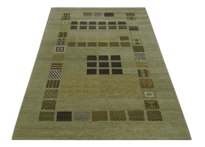 Modern Geometrical Green, Charcoal and Brown Hand loom 5x8 wool Area Rug - The Rug Decor