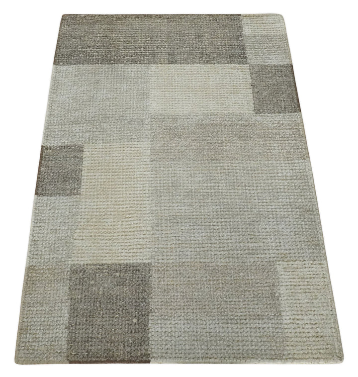 Modern Geometrical Hand knotted 2x3 Gray, Beige and Silver Area Rug | N5323 - The Rug Decor