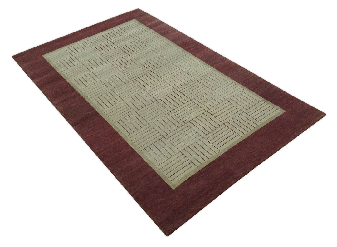 Modern Geometrical Hand knotted Maroon and Beige 5x8 Wool and Art Silk Area Rug - The Rug Decor
