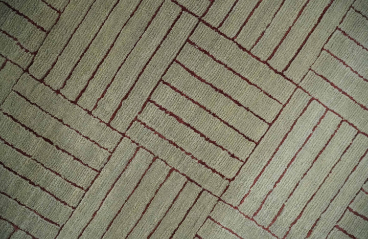 Modern Geometrical Hand knotted Maroon and Beige 5x8 Wool and Art Silk Area Rug - The Rug Decor