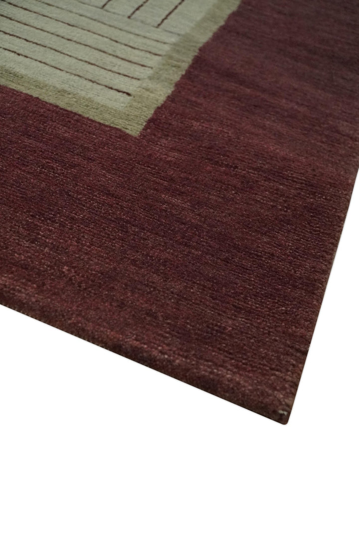 Modern Geometrical Hand knotted Maroon and Beige 5x8 Wool and Art Silk Area Rug - The Rug Decor