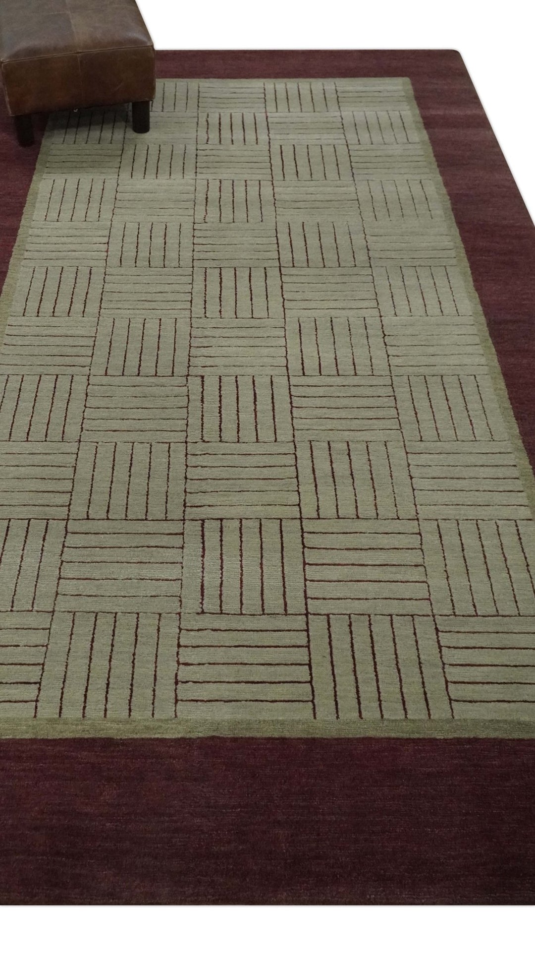 Modern Geometrical Hand knotted Maroon and Beige 5x8 Wool and Art Silk Area Rug - The Rug Decor