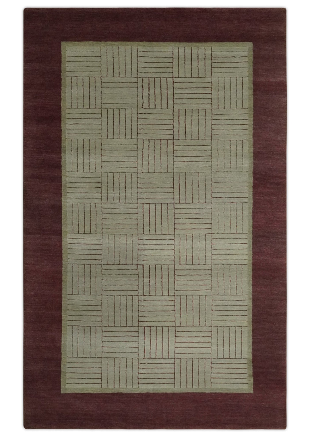 Modern Geometrical Hand knotted Maroon and Beige 5x8 Wool and Art Silk Area Rug - The Rug Decor