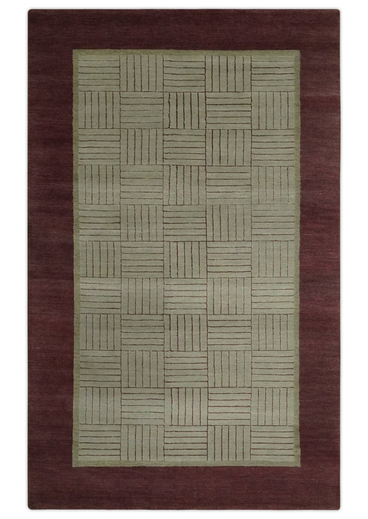 Modern Geometrical Hand knotted Maroon and Beige 5x8 Wool and Art Silk Area Rug - The Rug Decor
