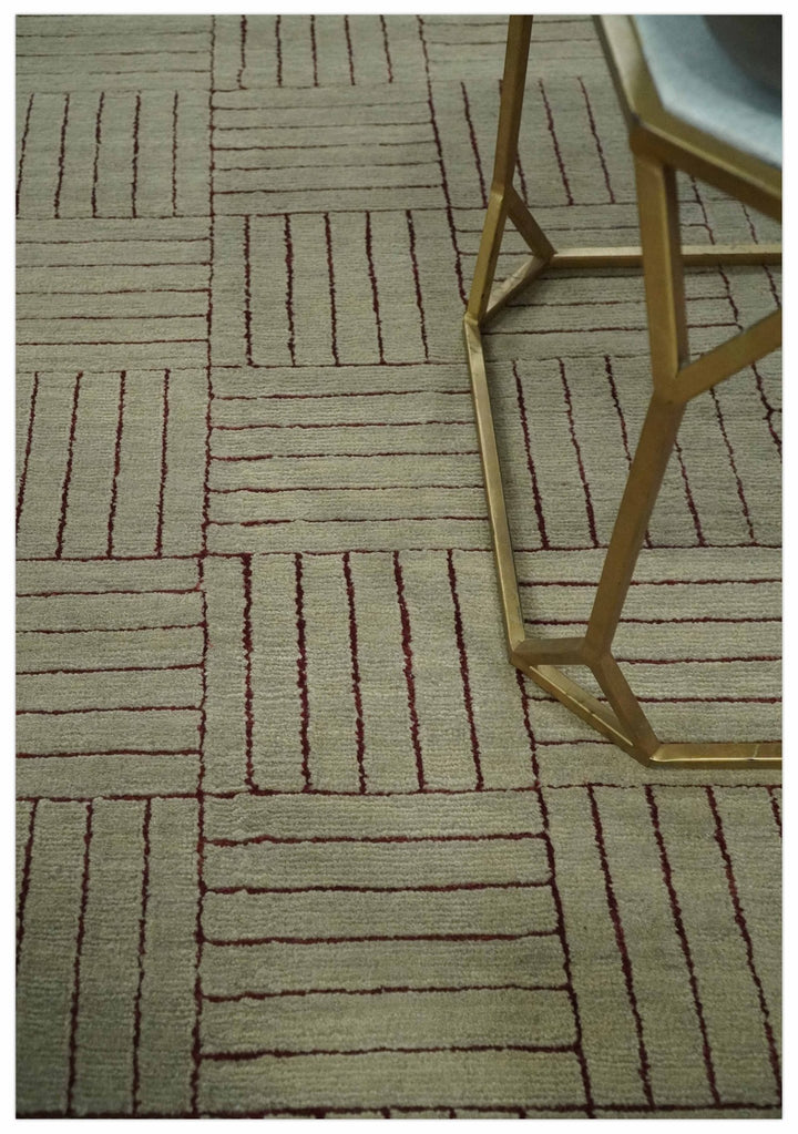 Modern Geometrical Hand knotted Maroon and Beige 5x8 Wool and Art Silk Area Rug - The Rug Decor