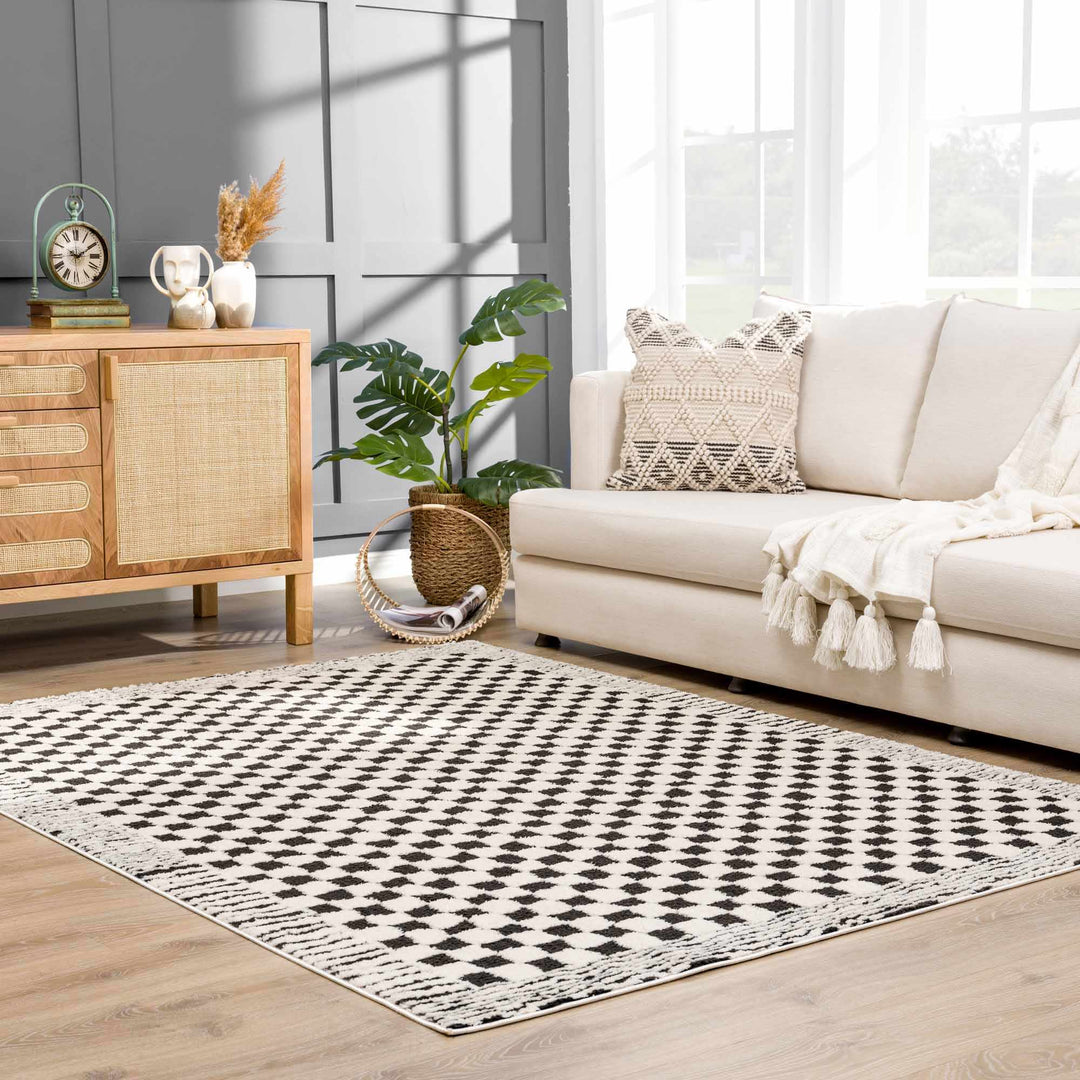 Modern Geometrical Ivory and Black Checkered Plush Pile Moroccan Style Area Rug - The Rug Decor