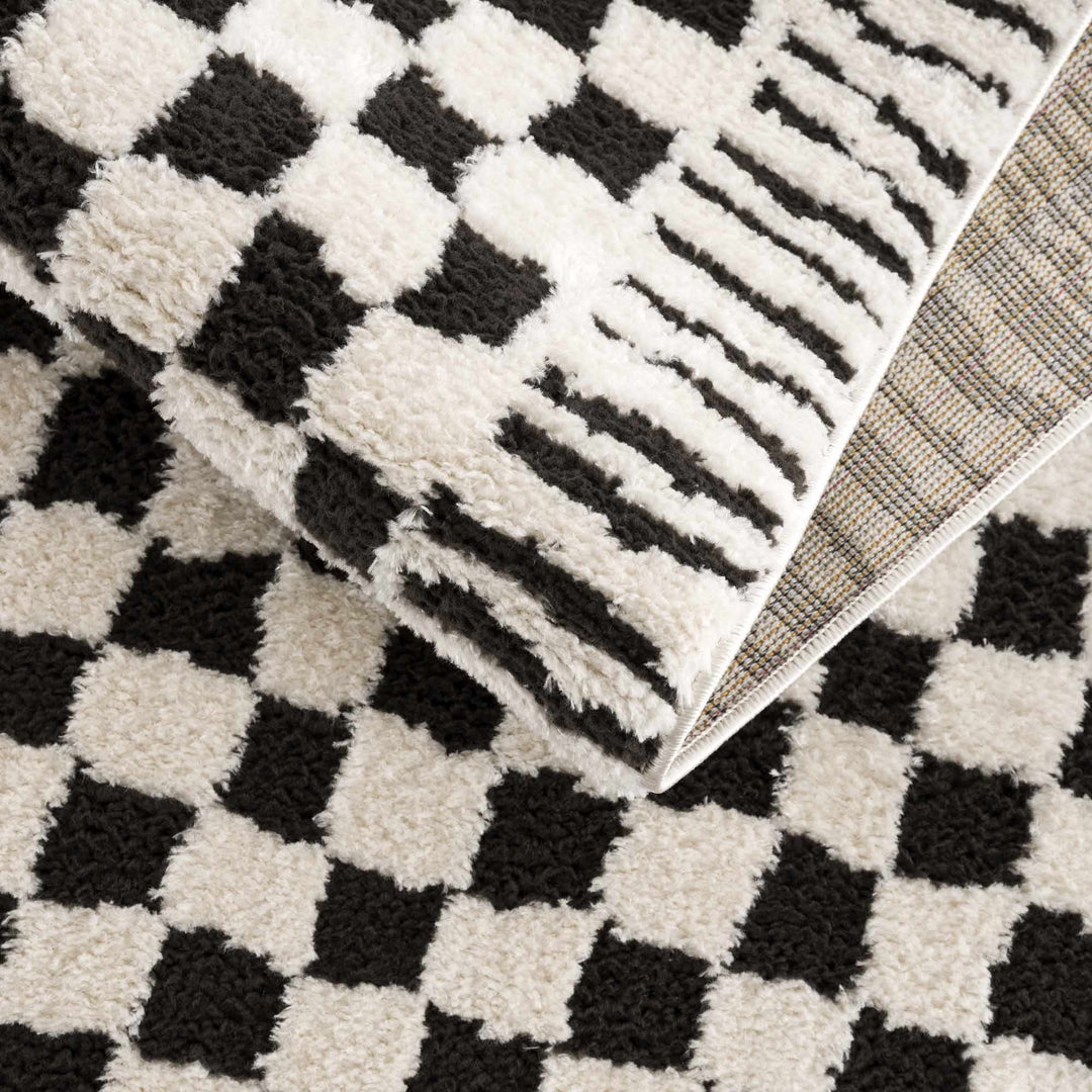 Modern Geometrical Ivory and Black Checkered Plush Pile Moroccan Style Area Rug - The Rug Decor