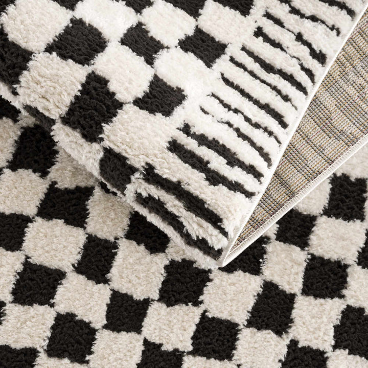 Modern Geometrical Ivory and Black Checkered Plush Pile Moroccan Style Area Rug - The Rug Decor