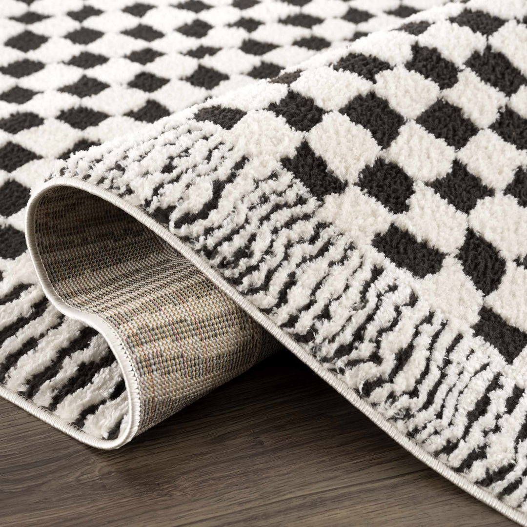 Modern Geometrical Ivory and Black Checkered Plush Pile Moroccan Style Area Rug - The Rug Decor