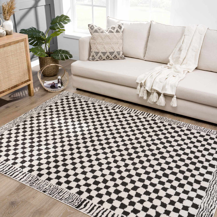 Modern Geometrical Ivory and Black Checkered Plush Pile Moroccan Style Area Rug - The Rug Decor