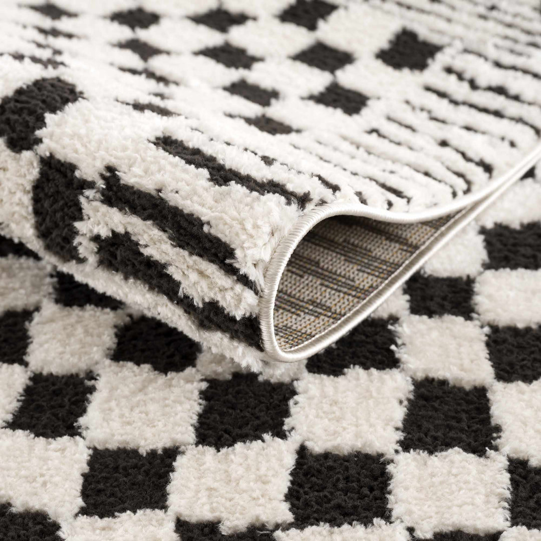 Modern Geometrical Ivory and Black Checkered Plush Pile Moroccan Style Area Rug - The Rug Decor