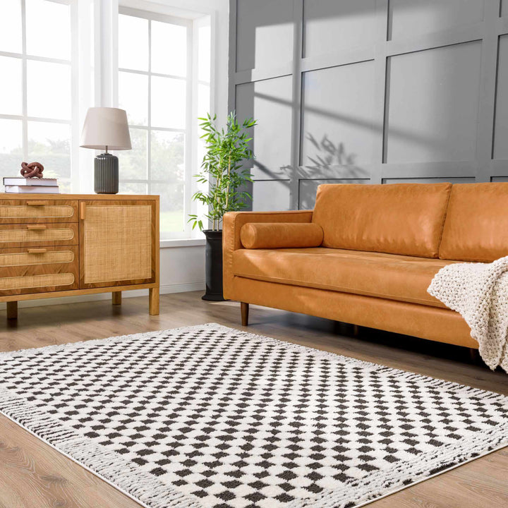 Modern Geometrical Ivory and Black Checkered Plush Pile Moroccan Style Area Rug - The Rug Decor