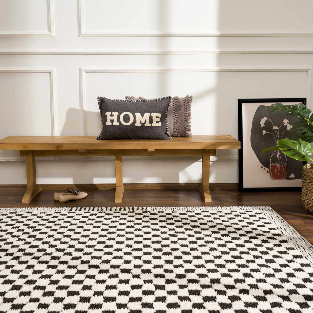 Modern Geometrical Ivory and Black Checkered Plush Pile Moroccan Style Area Rug - The Rug Decor