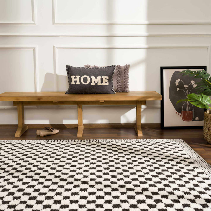 Modern Geometrical Ivory and Black Checkered Plush Pile Moroccan Style Area Rug - The Rug Decor