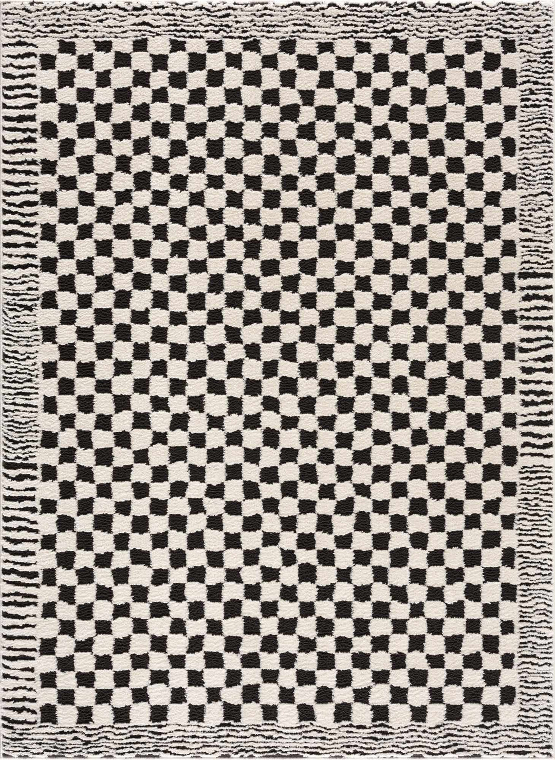 Modern Geometrical Ivory and Black Checkered Plush Pile Moroccan Style Area Rug - The Rug Decor