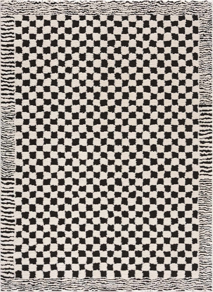 Modern Geometrical Ivory and Black Checkered Plush Pile Moroccan Style Area Rug - The Rug Decor